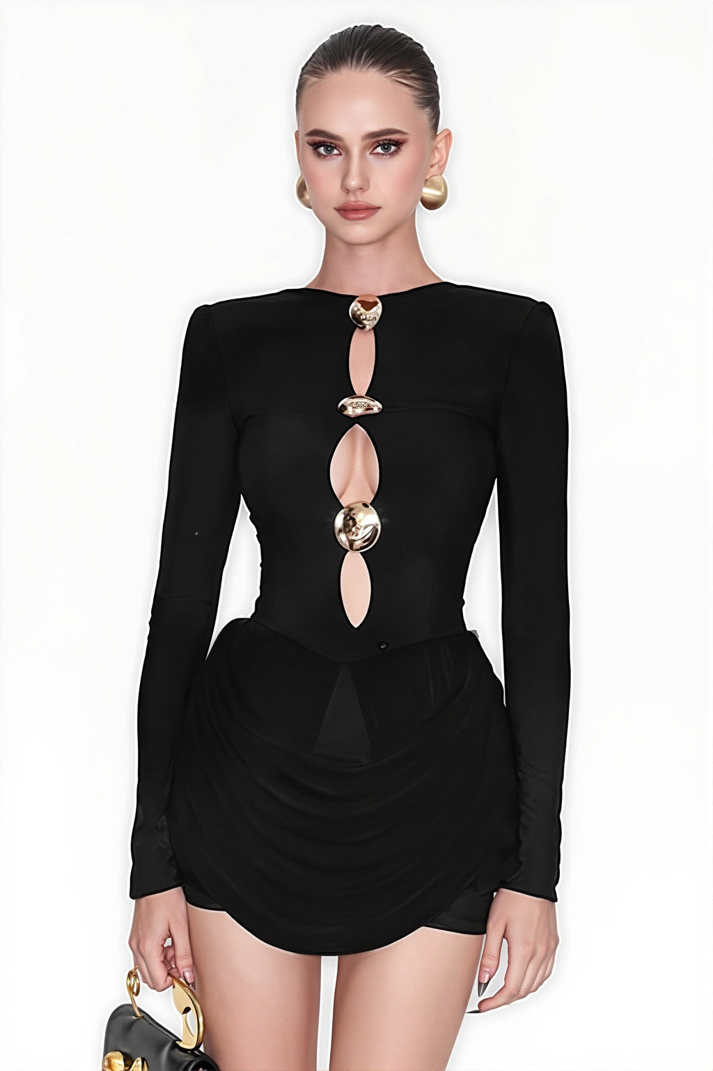 Slim Hollow Pleated Metal Trim Mini Dress image 1