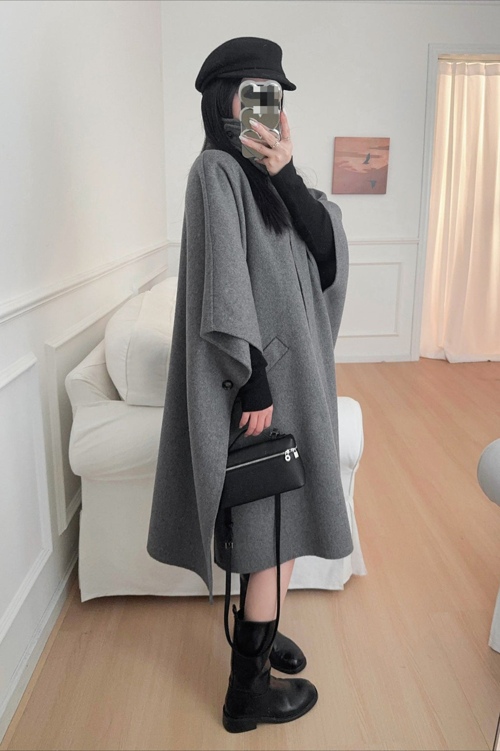 Beige Lapel Double Faced Wool Blend Cape Convertible Overcoat image 7