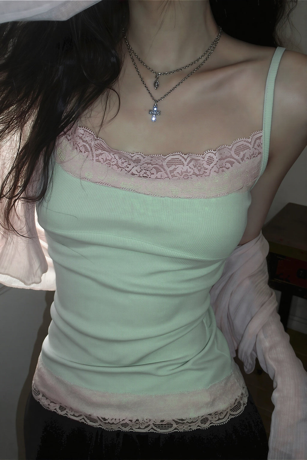 Contrast Lace Knit Slim Cami Top image 4