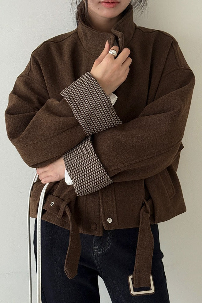 Short Cuffed Check Pieced Stand Collar Wool Coat image 7