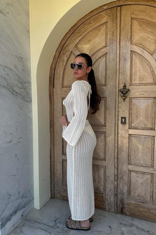V Neck Backless Knit Beach Maxi Dress image 2