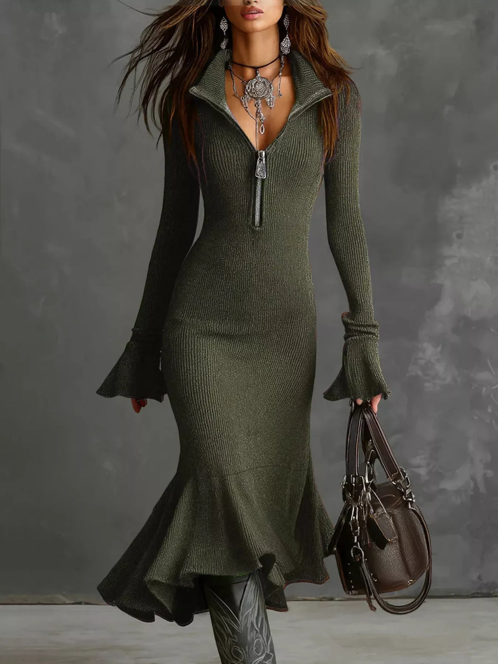 Valeria Ribbed Midi Dress detail view styled for Avrienne