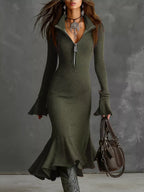 Valeria Ribbed Midi Dress detail view styled for Avrienne