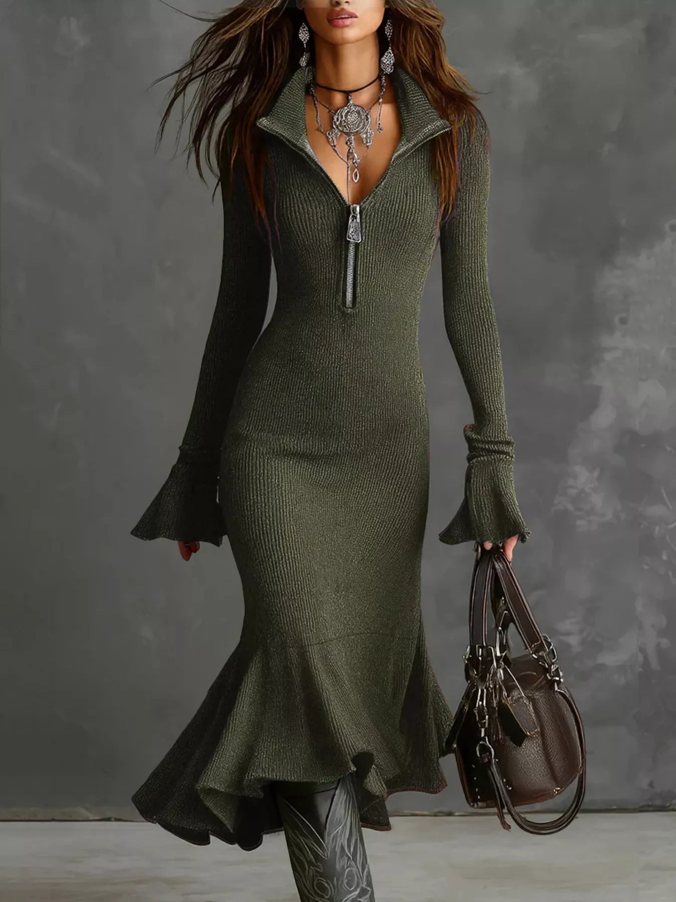 Valeria Ribbed Midi Dress detail view styled for Avrienne