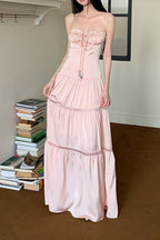 Pink Satin Tie Strapless Spaghetti Strap Maxi Dress image 5