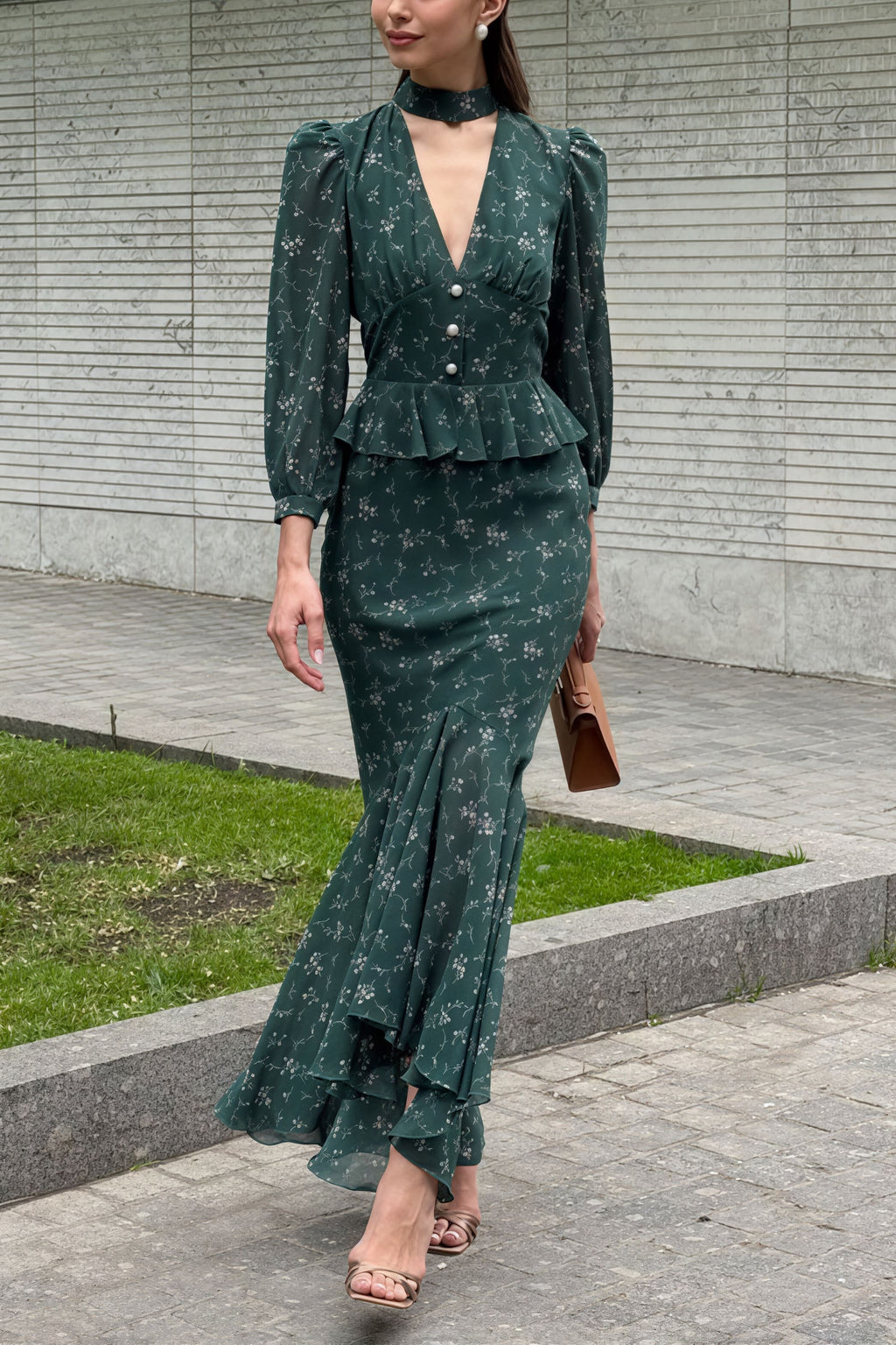 V Neck Long Sleeve Ruffled Floral Print Skirt Set image 1