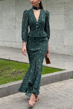 V Neck Long Sleeve Ruffled Floral Print Skirt Set image 1