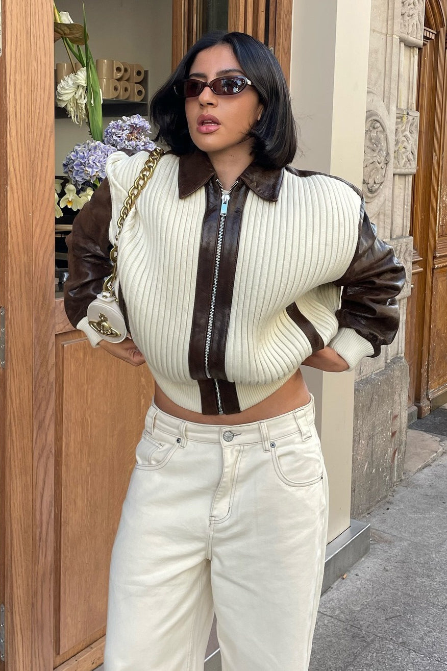 Long Sleeve Knit and Leather Jacket image 1