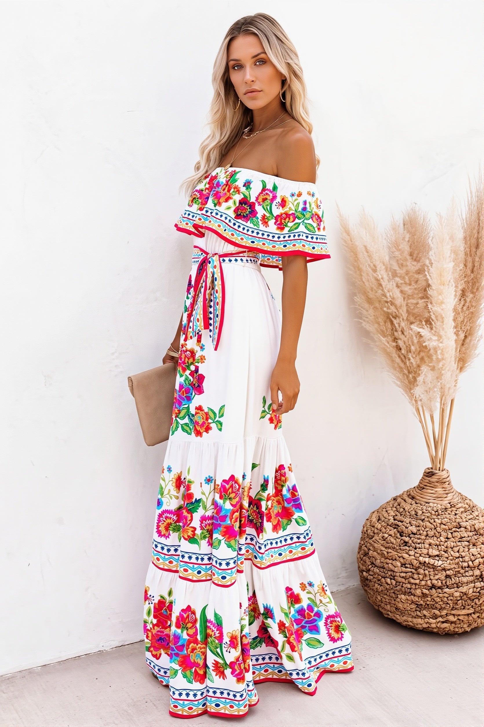 Ruffle Off Shoulder Bright Long Boho Dress image 2