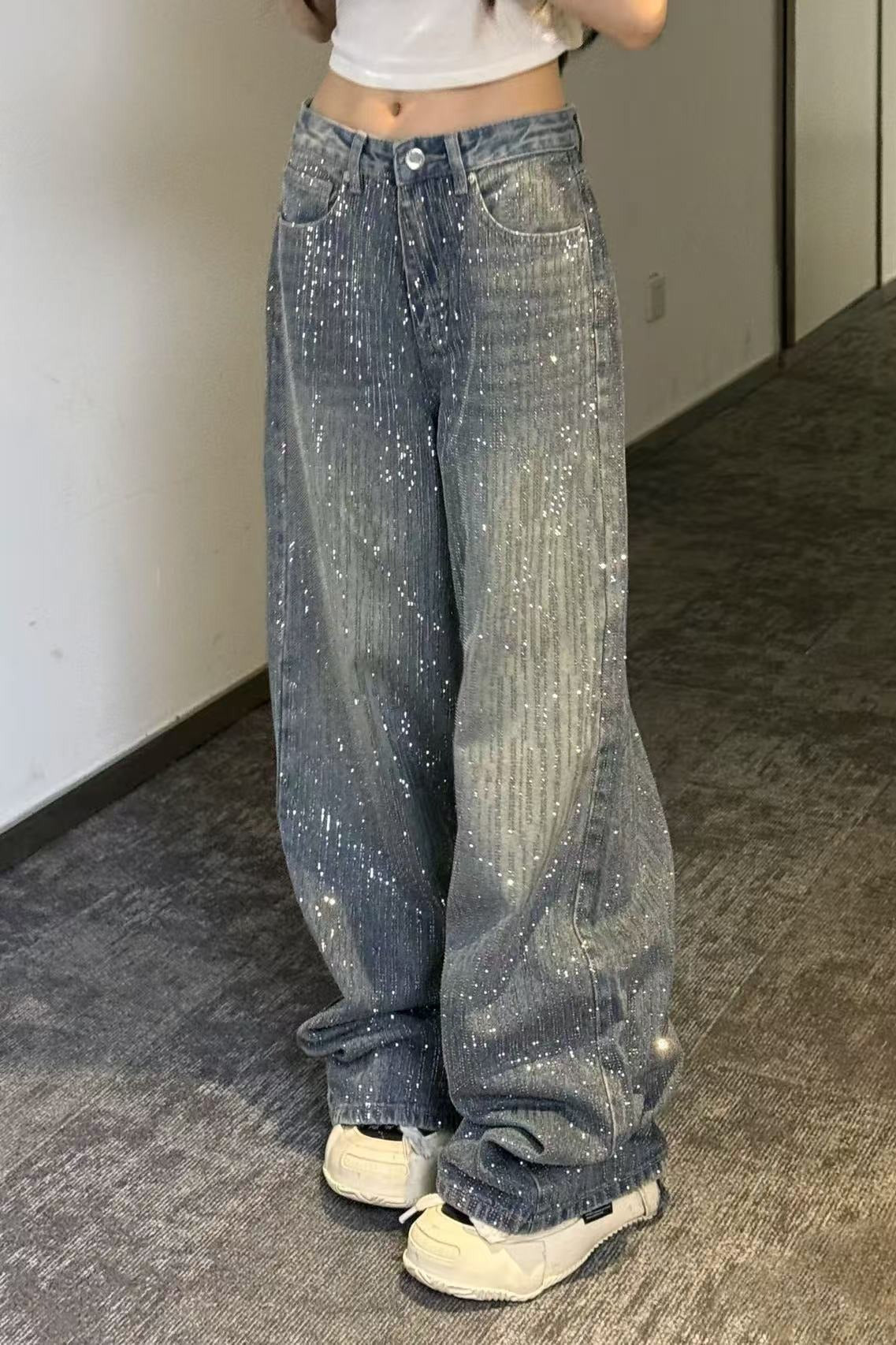 Sparkly All Rhinestone Washed Loose Wide Leg Jeans image 2