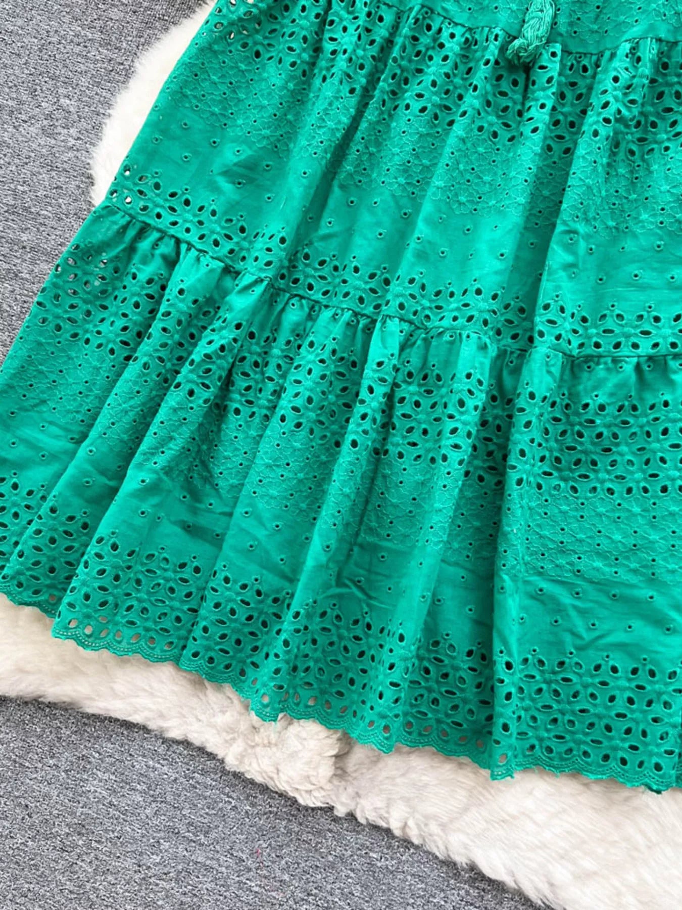 Soleil Eyelet Skirt detail view styled for Avrienne