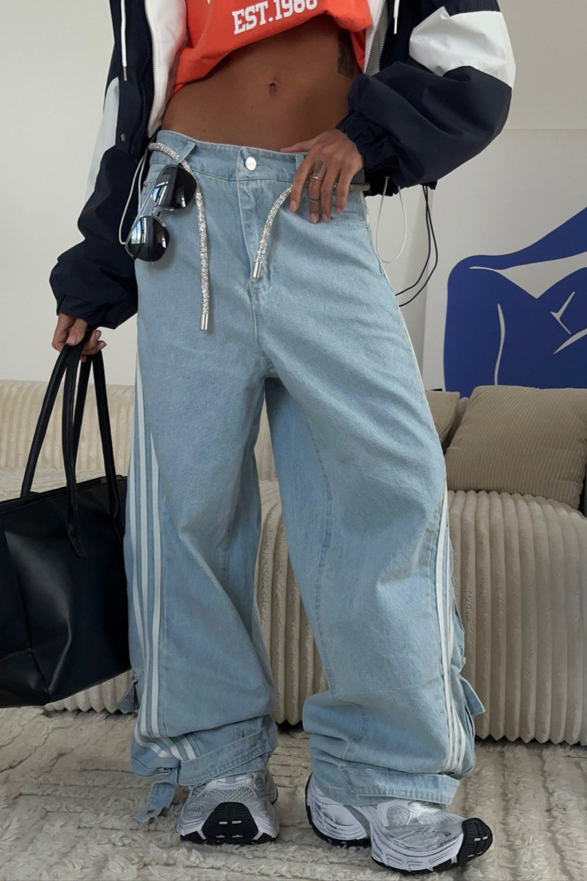 Striped Wide Leg Denim Trousers Pants image 1