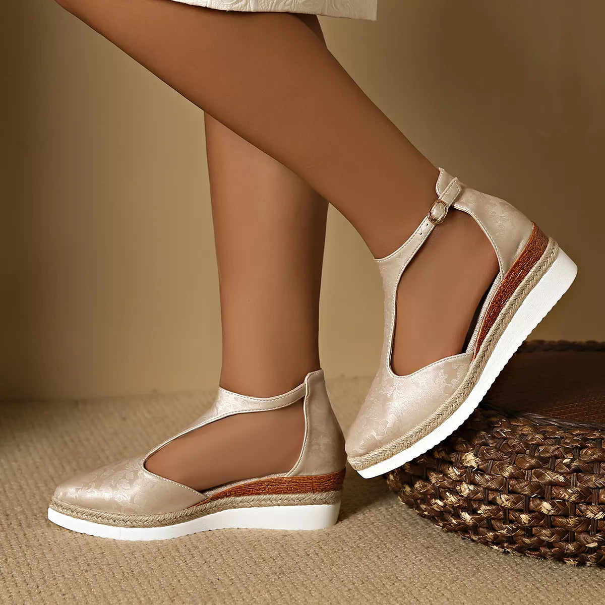 Celine Wedge Sandals detail view styled for Avrienne