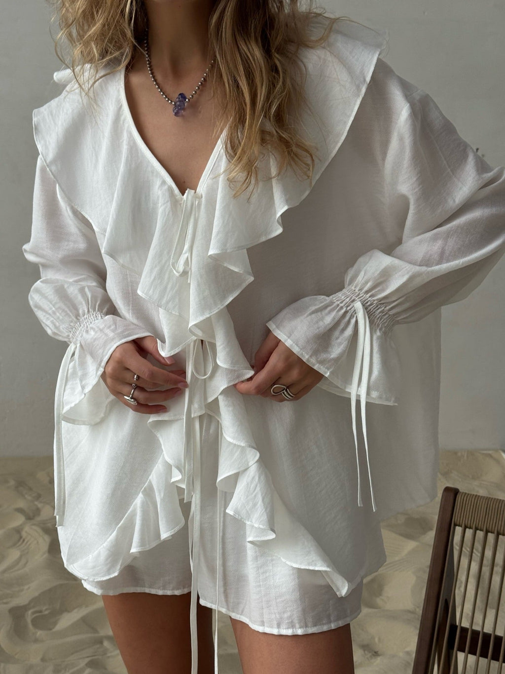 Ruffled Hem Tie Front Cardigan & Shorts Set Blouse image 8