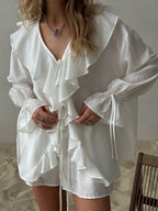 Ruffled Hem Tie Front Cardigan & Shorts Set Blouse image 8
