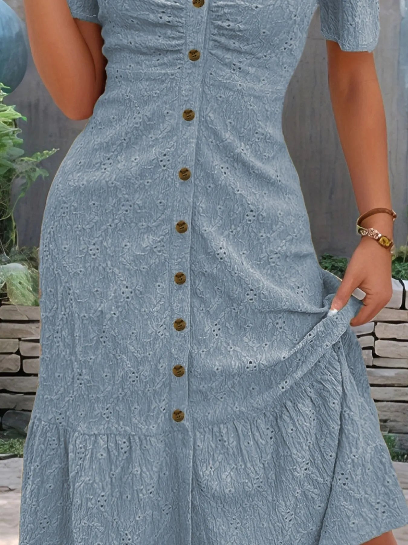 Selene Eyelet Midi Dress detail view styled for Avrienne