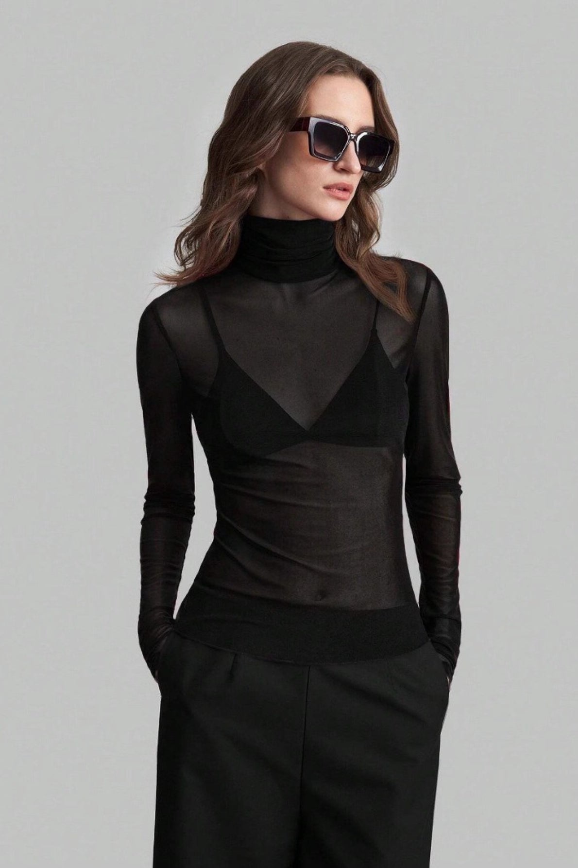 Stand Collar Solid Mesh Slim Fit Long Sleeve Tee image 4