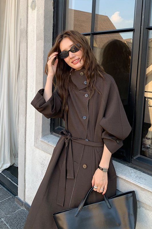 THE MIND British Style Contrast-Collar Long Overcoat image 7