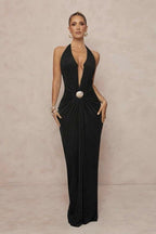 Deep V Halter Ruched Metal Trim Backless Maxi Dress image 6