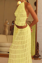 Sexy Lace Trim Halter Open Back Ruched Skirt Sets image 12