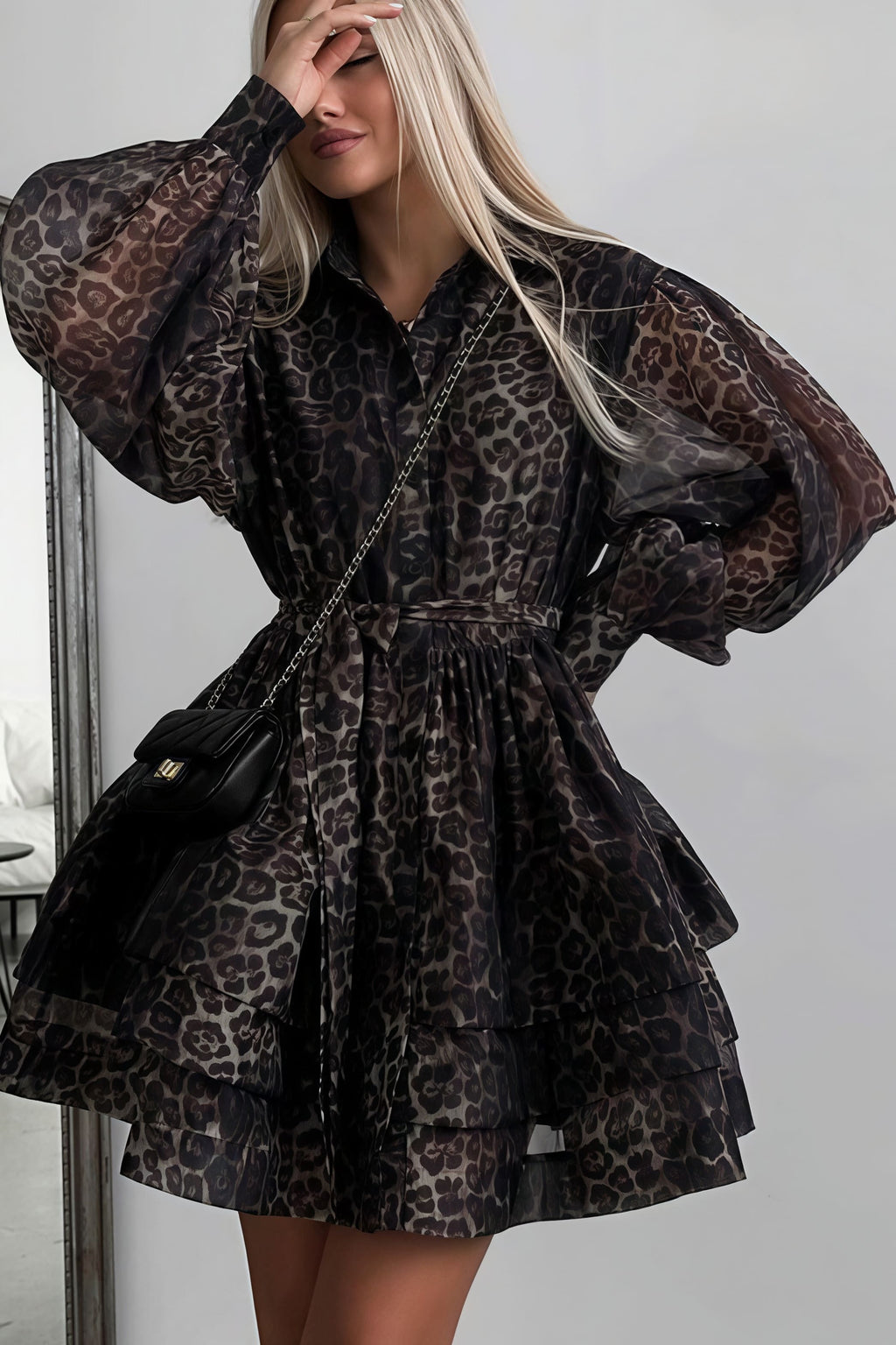 Chiffon Leopard Print Long Sleeve Mini Dress image 3