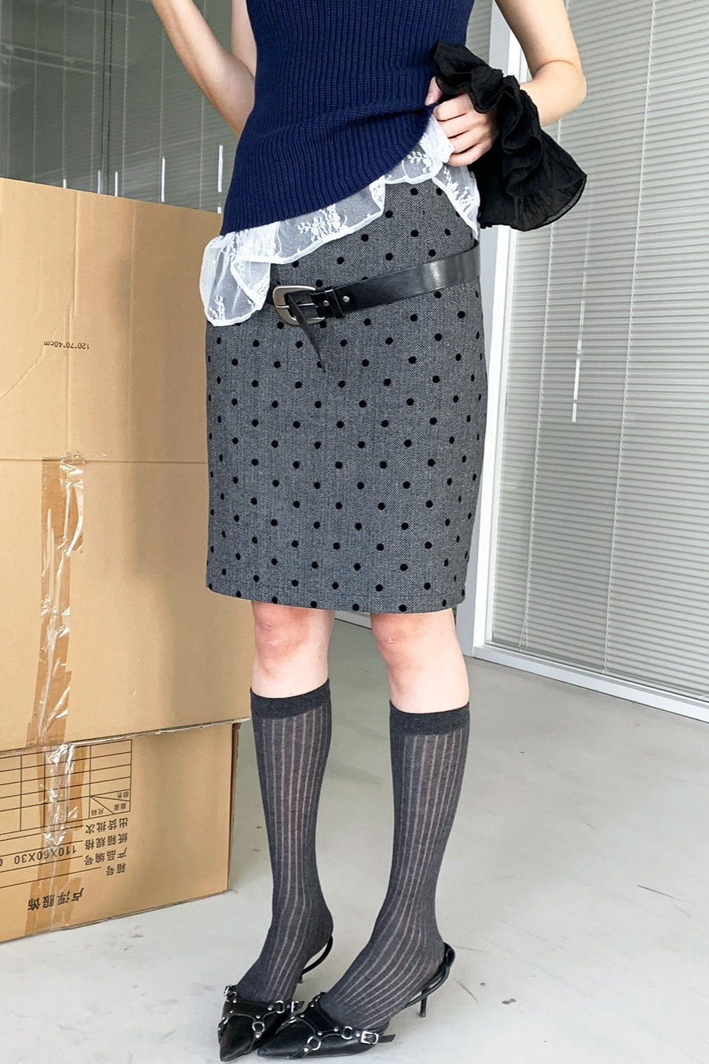 High Waist Flocked Polka Dot Bodycon Midi Skirt image 2