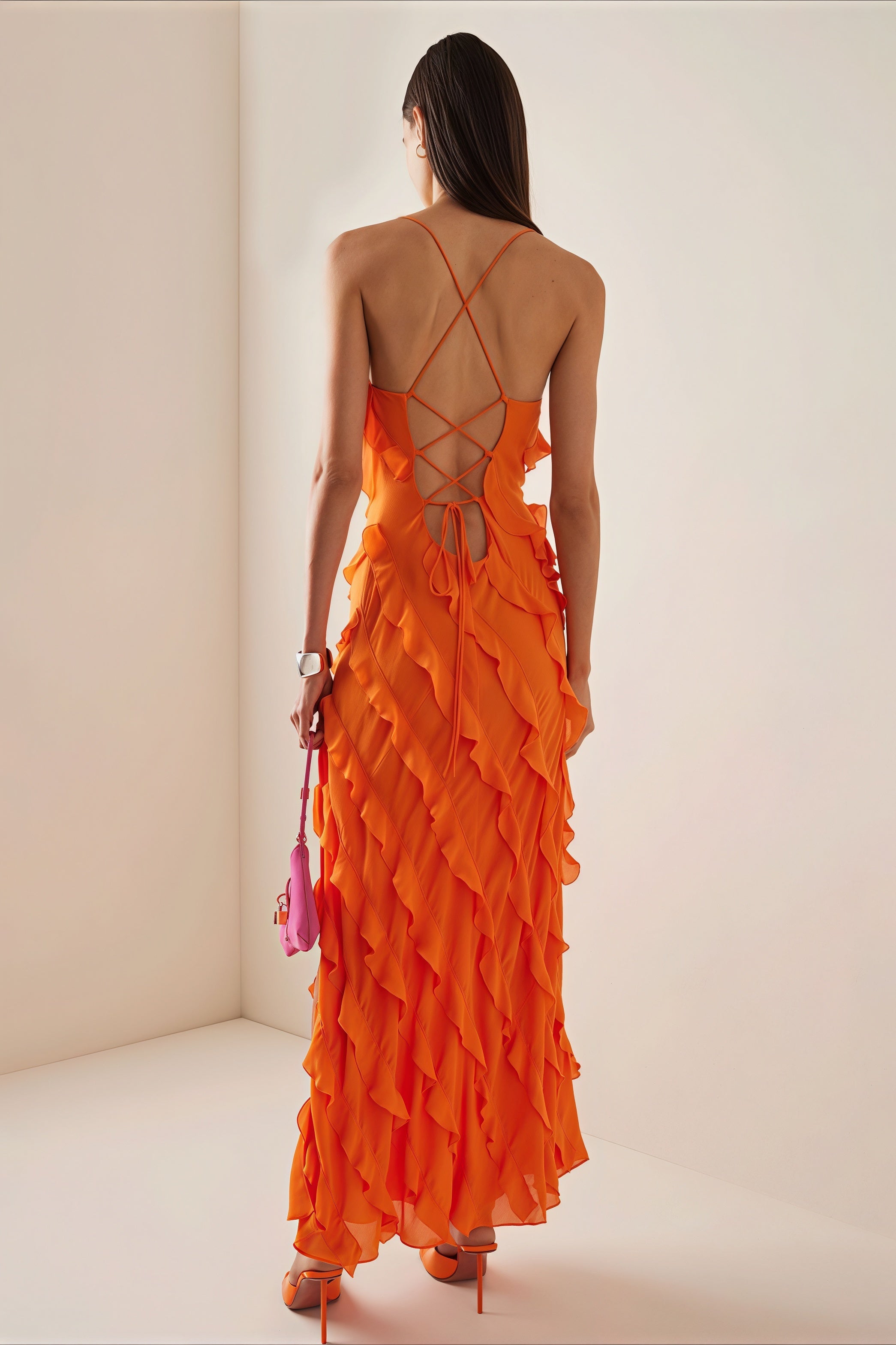 Backless Tie Ruffle Slit Cami Maxi Dress image 3