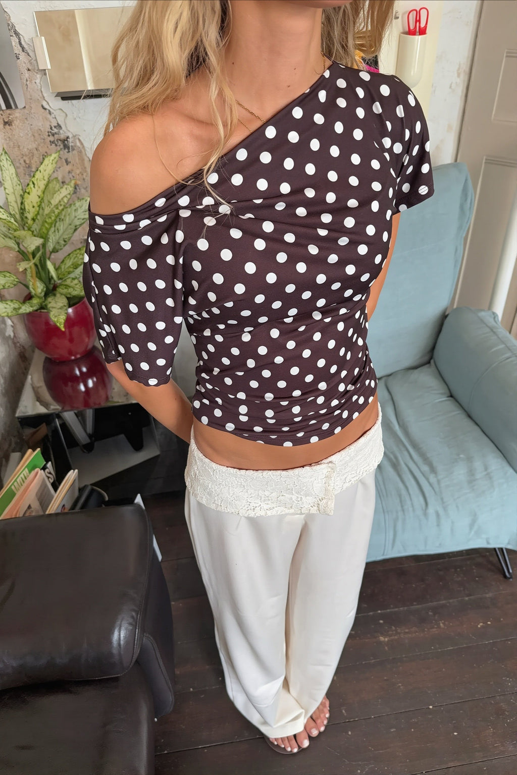 Sexy Polka Dot Asymmetric Hem Relaxed Loose Blouse image 3