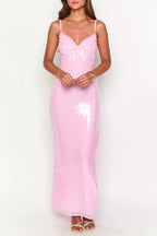 Pink Sequin V-Neck Slit Party Dress image 3
