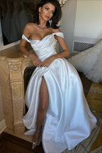 Off Shoulder Satin Ruched High Slit Wedding Dress image 3