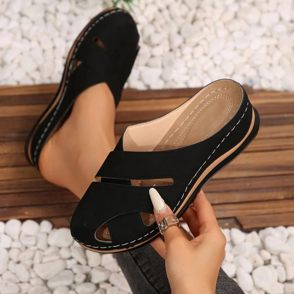 Alina Wedge Sandals detail view styled for Avrienne