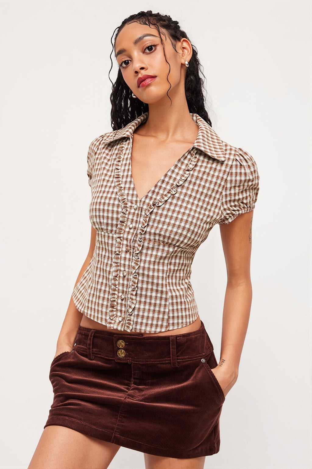 Plaid Ruffled Tie Lapel Slim Blouse image 2