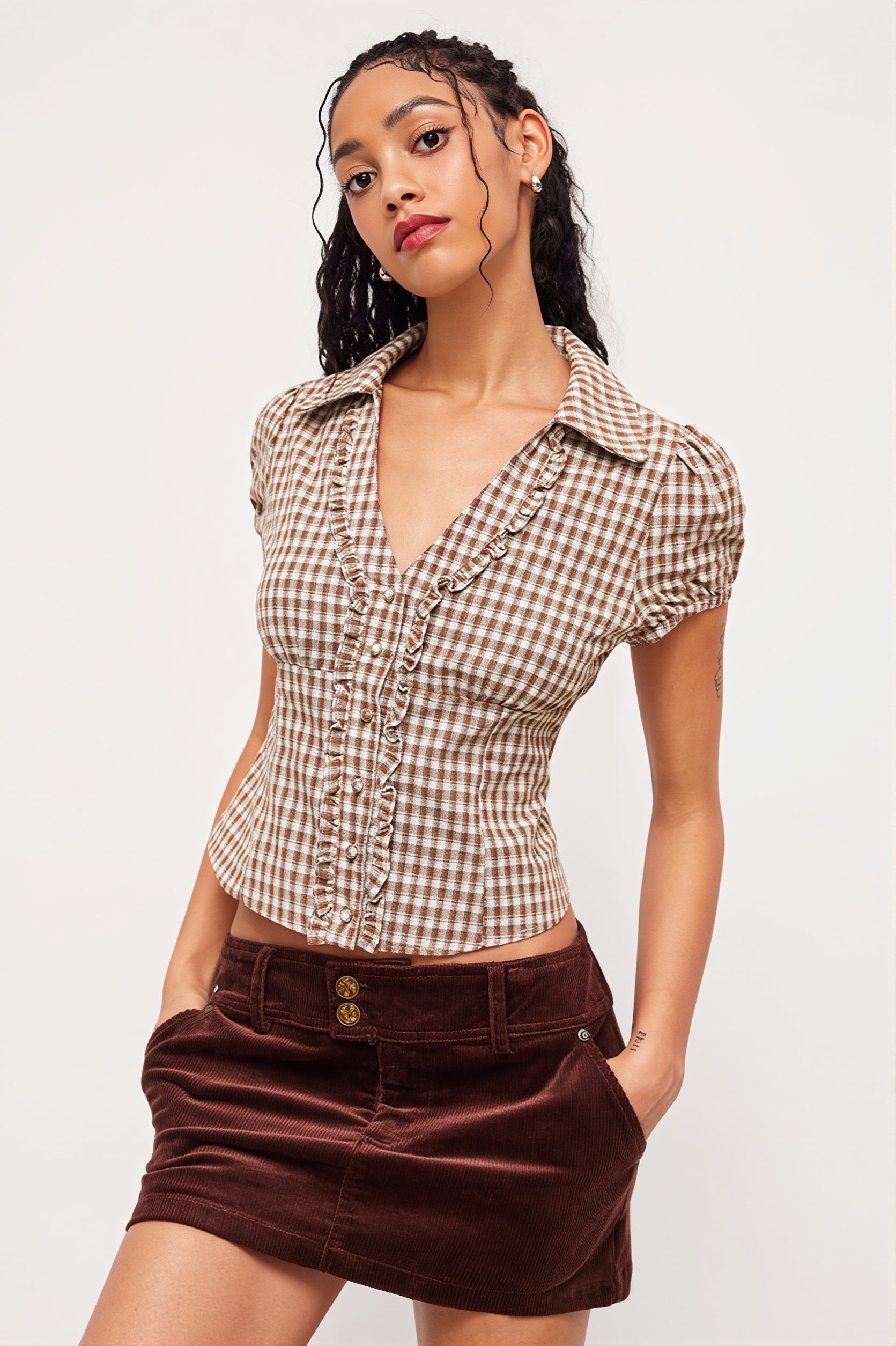 Plaid Ruffled Tie Lapel Slim Blouse image 2