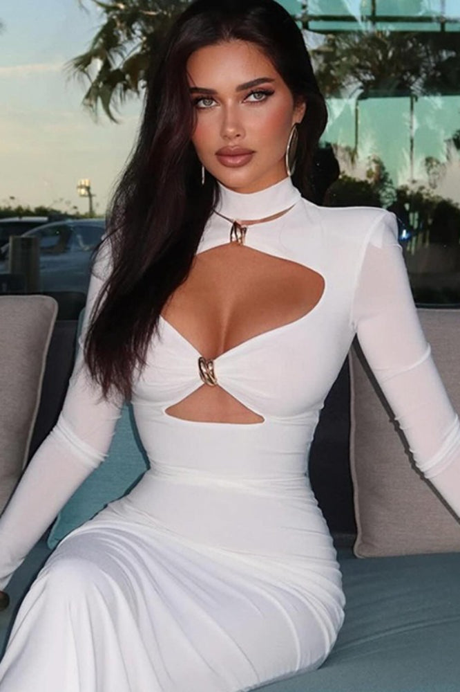 Solid Elegant Minimalist Cutout Metal Embellished Fitted Maxi Dress image 5