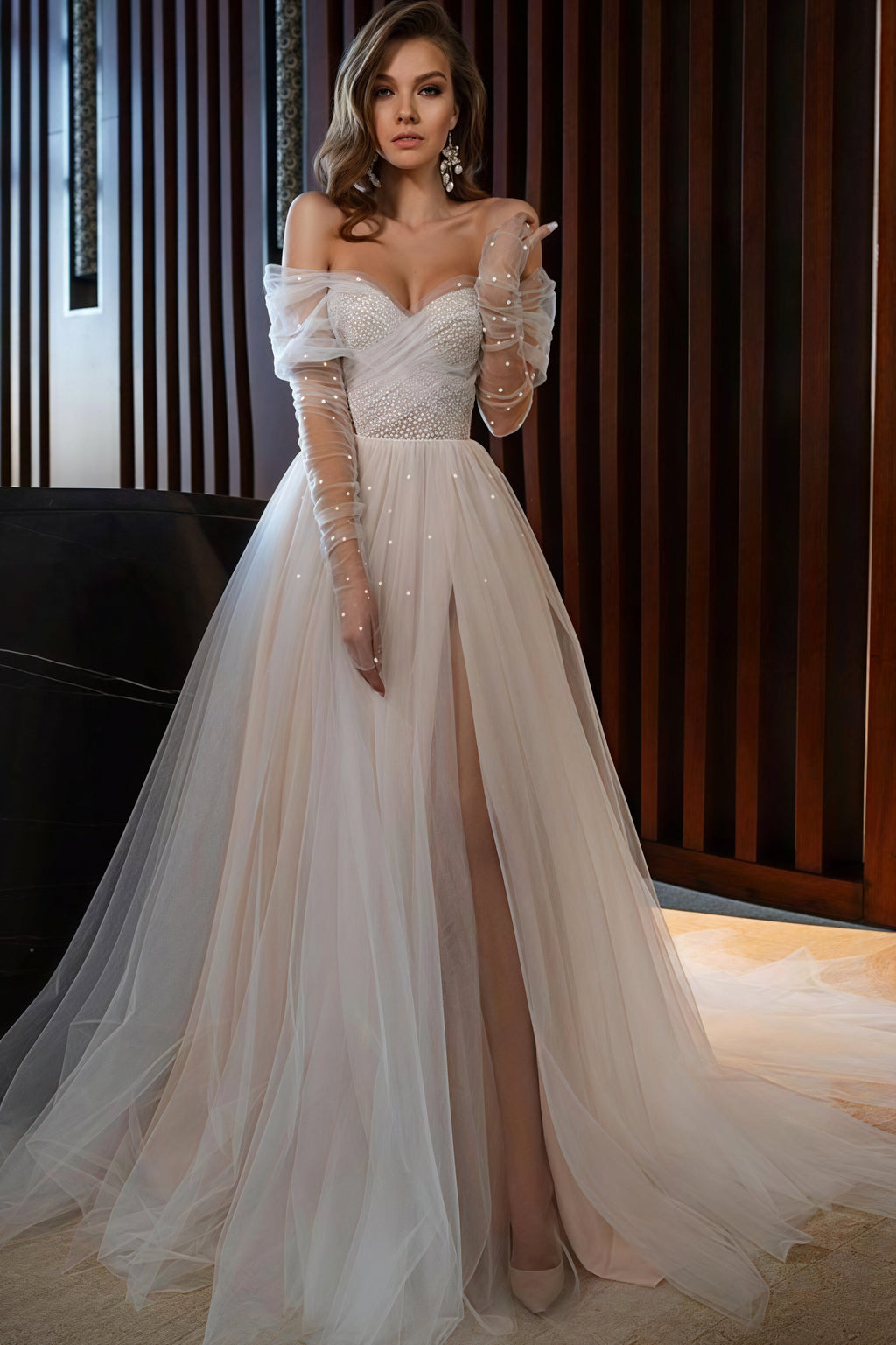 Off Shoulder Pearl Slit Back Tie Wedding Dress image 1