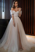 Off Shoulder Pearl Slit Back Tie Wedding Dress image 1