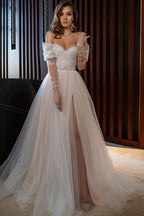 Off Shoulder Pearl Slit Back Tie Wedding Dress image 1