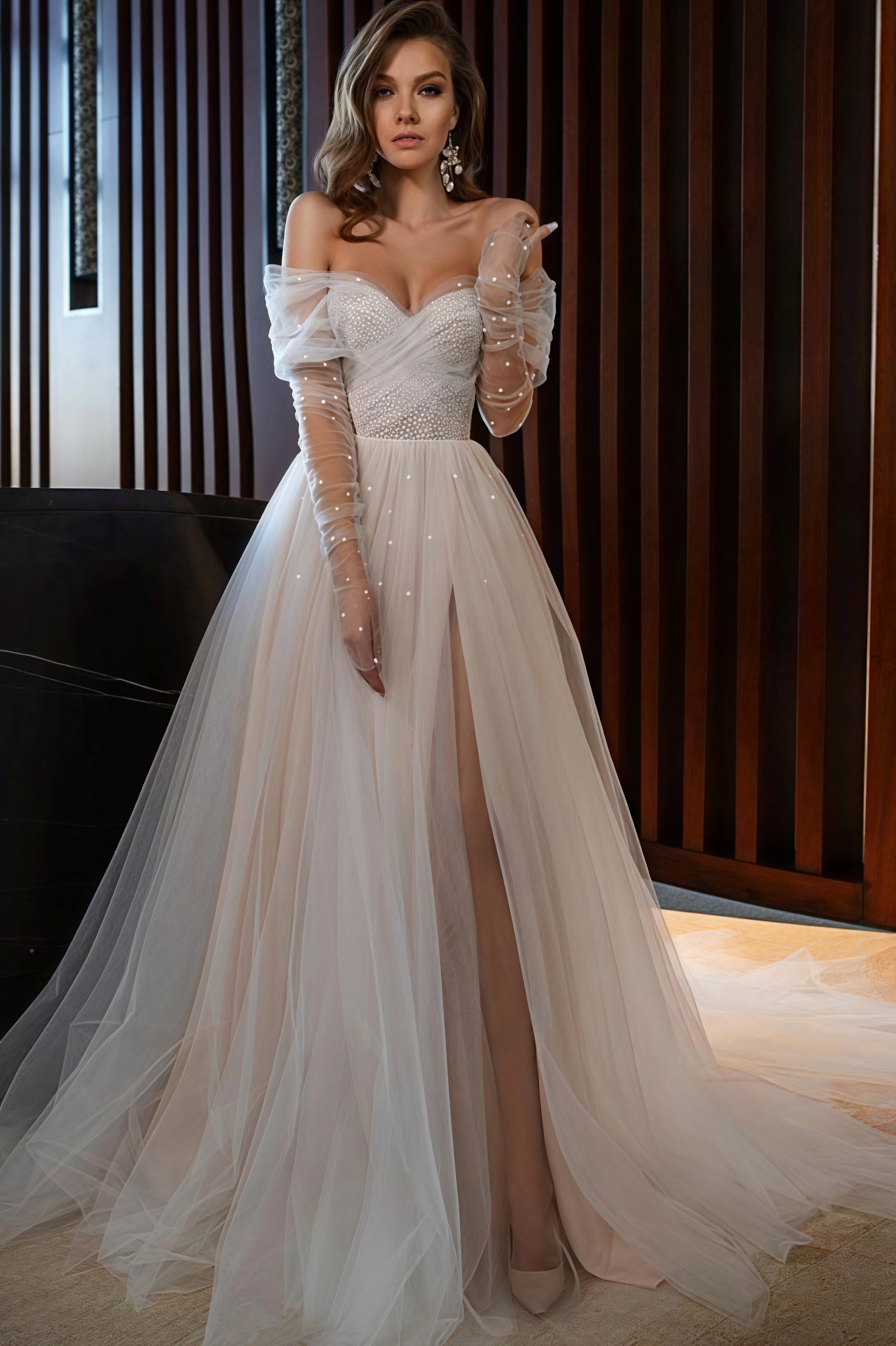 Off Shoulder Pearl Slit Back Tie Wedding Dress image 1