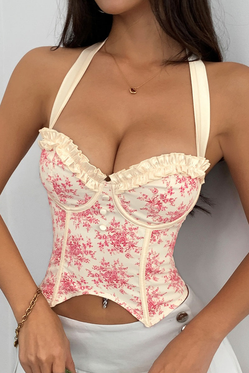 Printed Ruffle Low Cut Backless Boned Underwire Halter Top image 6