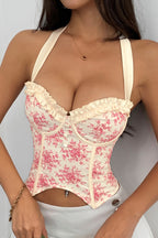 Printed Ruffle Low Cut Backless Boned Underwire Halter Top image 6