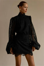 Lantern Sleeve High Collar Lace Skirt Set image 4