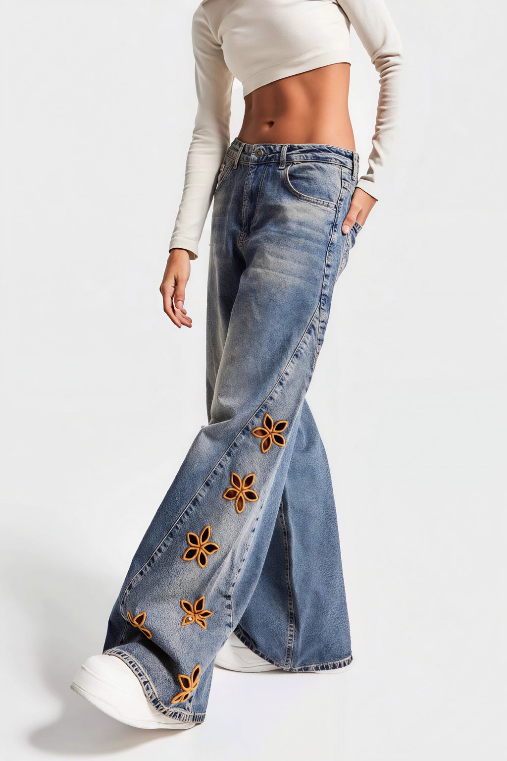 Floral Embroidered High Waist Jeans image 1