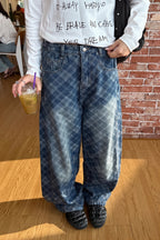 Retro Plaid Print Curved Jeans image 2