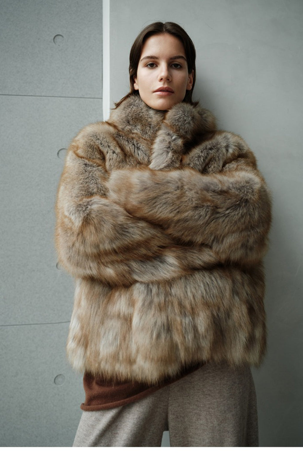 Minimalist Mid-Length Faux Fur Stand Collar Coat image 13