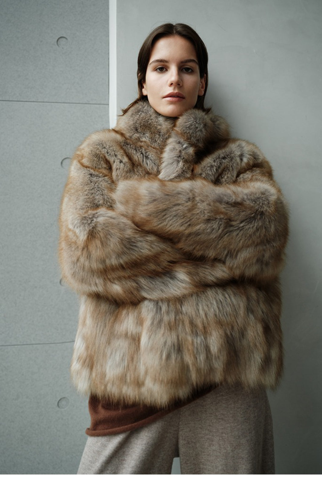 Minimalist Mid-Length Faux Fur Stand Collar Coat image 13