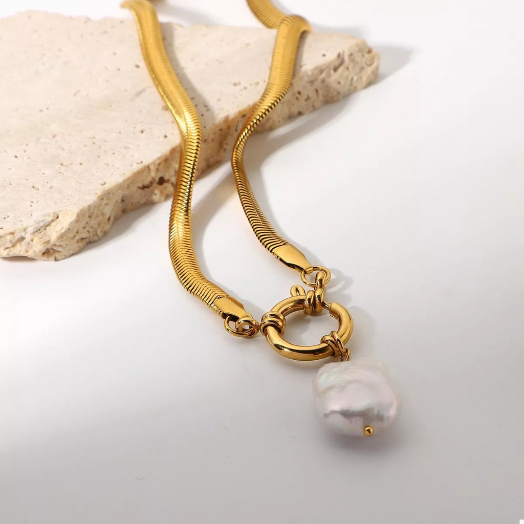 Sabina Pearl Necklace detail view styled for Avrienne