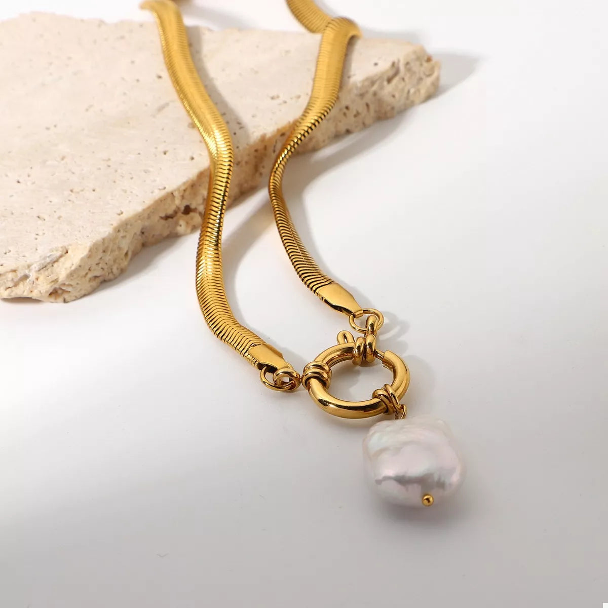 Sabina Pearl Necklace detail view styled for Avrienne