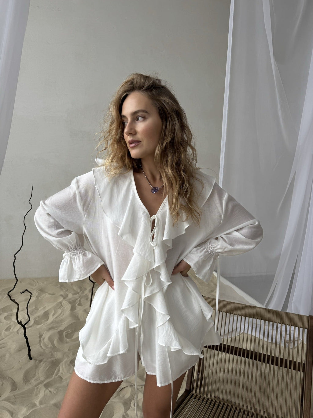 Ruffled Hem Tie Front Cardigan & Shorts Set Blouse image 9