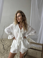 Ruffled Hem Tie Front Cardigan & Shorts Set Blouse image 9