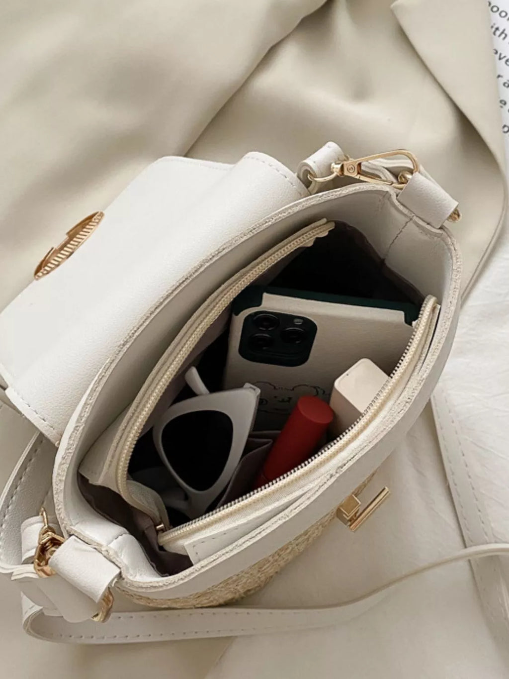 Naomi Straw Crossbody detail view styled for Avrienne